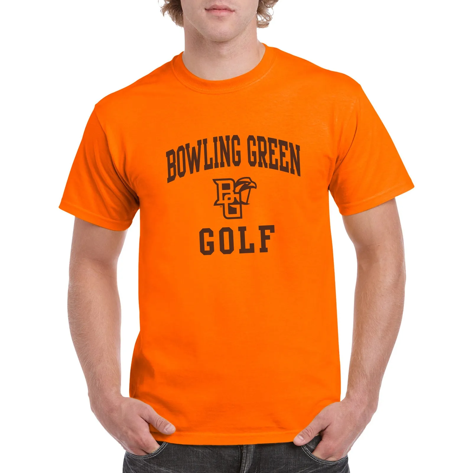 Bowling Green State University Falcons Arch Logo Golf Basic Cotton Short Sleeve T Shirt - Orange