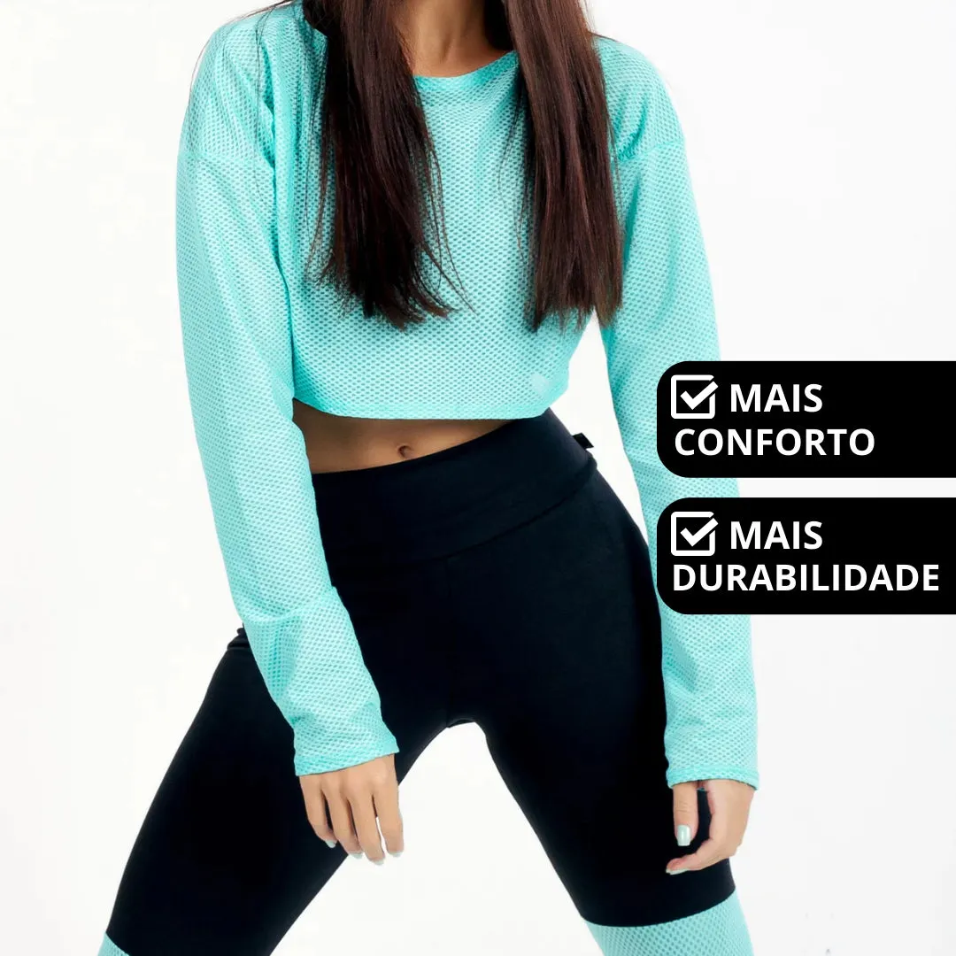 Conjunto Fitness Feminino de Inverno - Cropped Tela E Legging