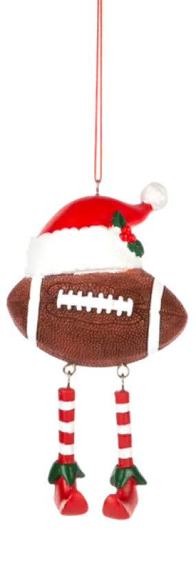 Football Holiday Ornament with Red Santa Hat & Dangly Legs