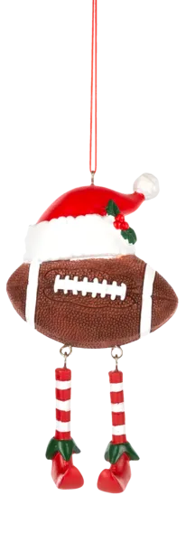 Football Holiday Ornament with Red Santa Hat & Dangly Legs