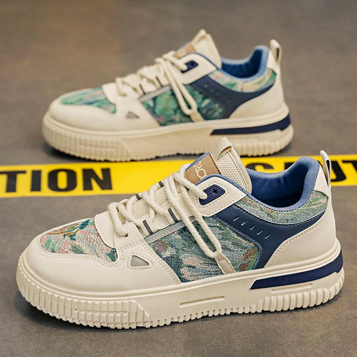 Mens and Womens Anti Slip and Wear Resistant Rubber Soles Skateboard Shoes Tie Up Low Top Casual Sneakers Breathable Thick Soled Walking Shoes Patterned Short Distance Running Shoes