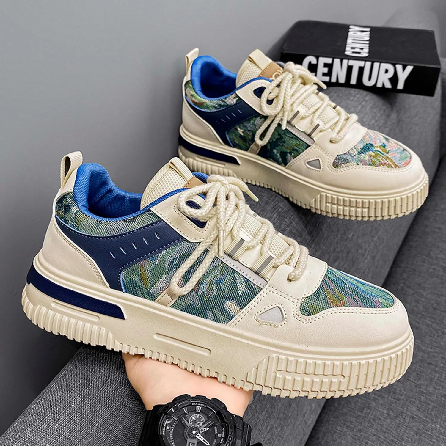 Mens and Womens Anti Slip and Wear Resistant Rubber Soles Skateboard Shoes Tie Up Low Top Casual Sneakers Breathable Thick Soled Walking Shoes Patterned Short Distance Running Shoes