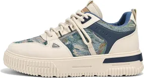 Mens and Womens Anti Slip and Wear Resistant Rubber Soles Skateboard Shoes Tie Up Low Top Casual Sneakers Breathable Thick Soled Walking Shoes Patterned Short Distance Running Shoes