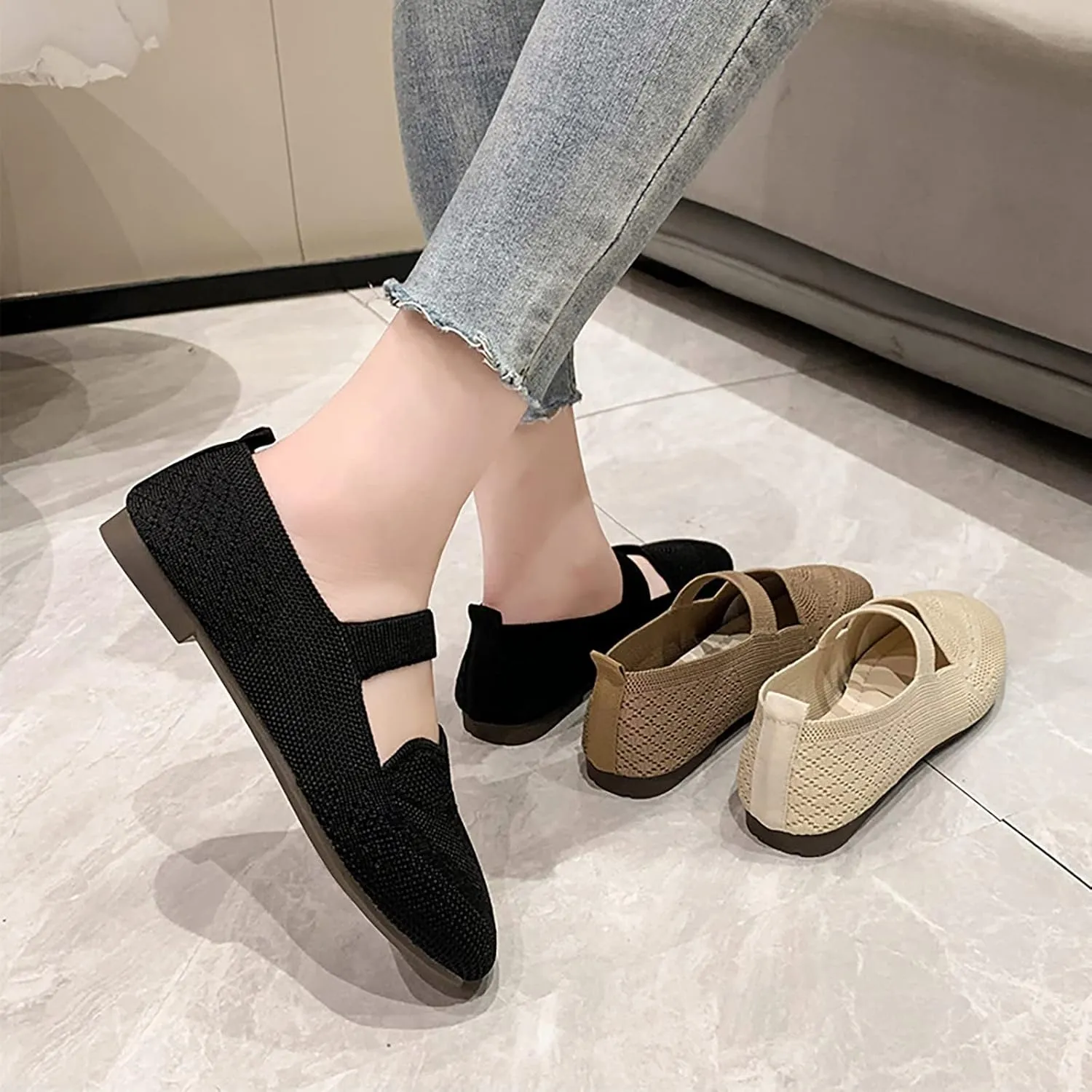 Mesh Knit Ballet Flat Shoes for Women, Classic Round Toe Flats Foldable, Walking Dress Shoes, Slip on Loafers Flats