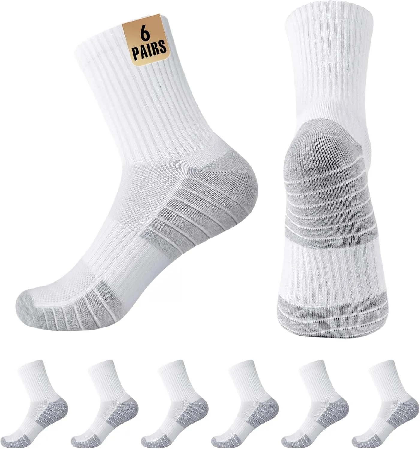 MUQU Mens White Quarter Athletic Socks - Cushioned Running Mid Crew Sock for Sports 6 Pairs