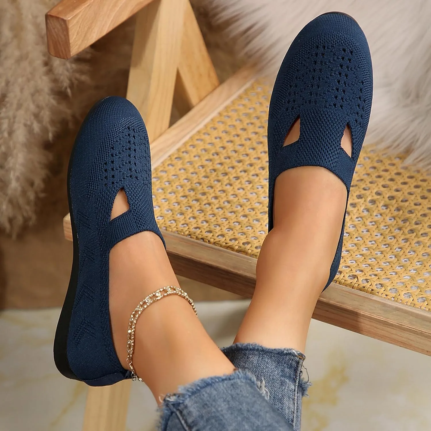Women's Ballet Flats Soft Knit Lightweight Round Toe Slip On Comfort Ballerina Flat Shoes for Walking