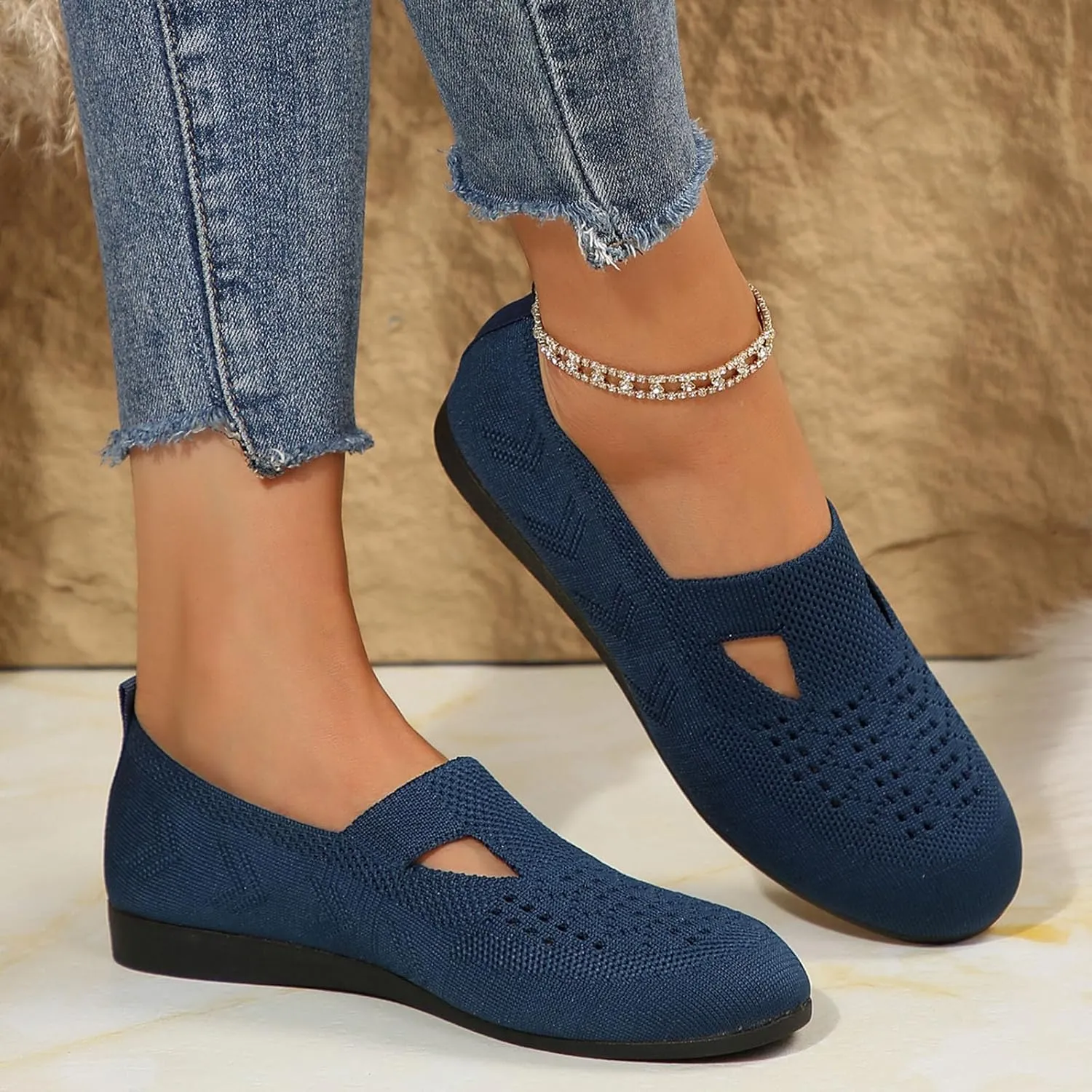 Women's Ballet Flats Soft Knit Lightweight Round Toe Slip On Comfort Ballerina Flat Shoes for Walking