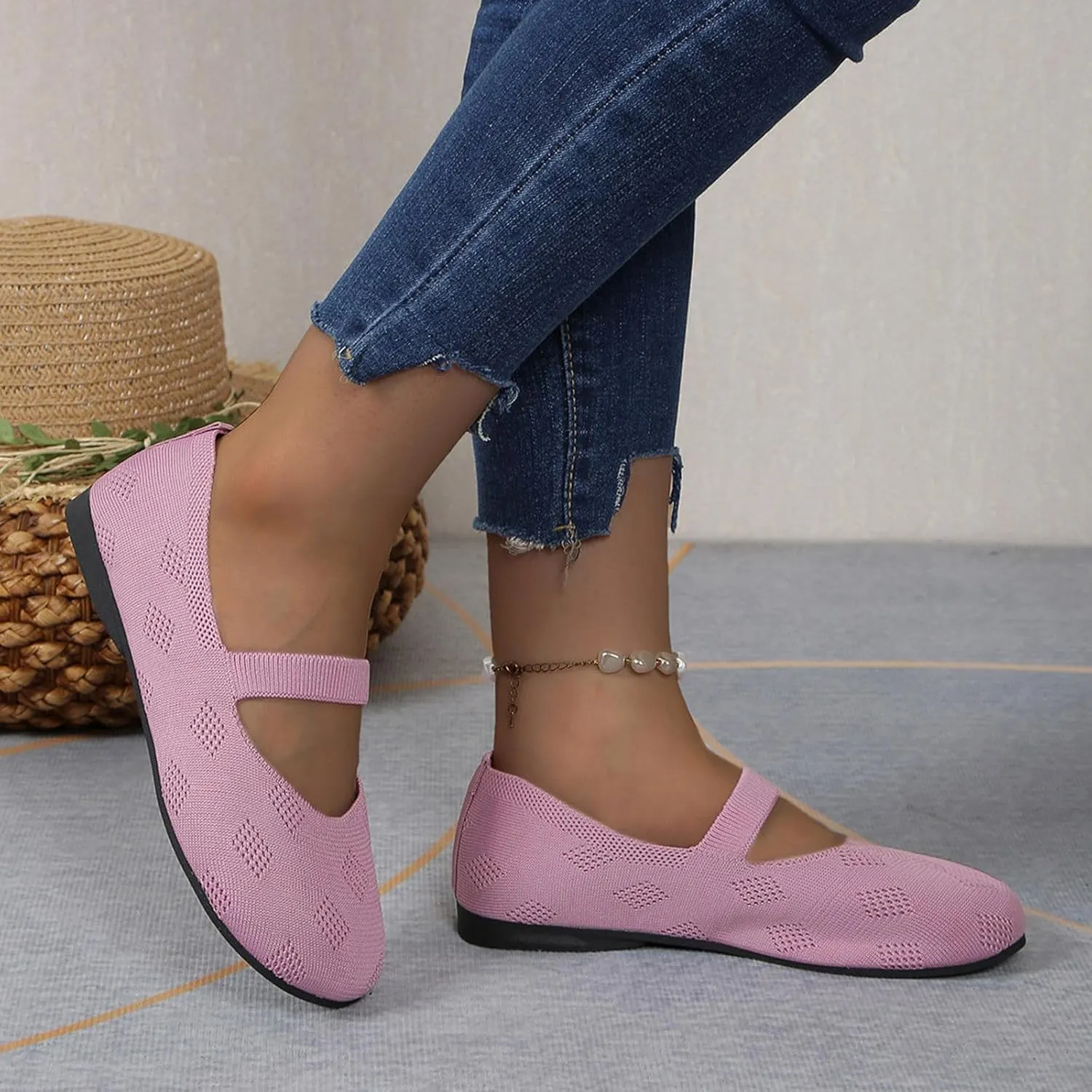 Womens Breathable Knitting Flat Shoes, Round Head Solid Color Walking Flats Shoes for Women, Comfort Casual Single Shoe