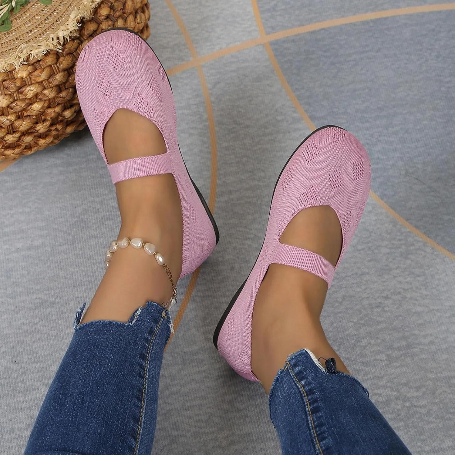 Womens Breathable Knitting Flat Shoes, Round Head Solid Color Walking Flats Shoes for Women, Comfort Casual Single Shoe