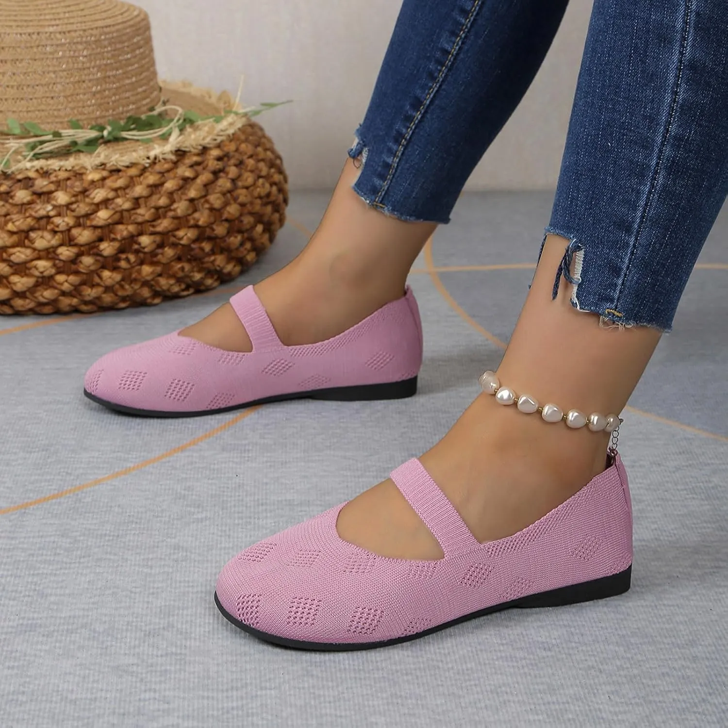 Womens Breathable Knitting Flat Shoes, Round Head Solid Color Walking Flats Shoes for Women, Comfort Casual Single Shoe