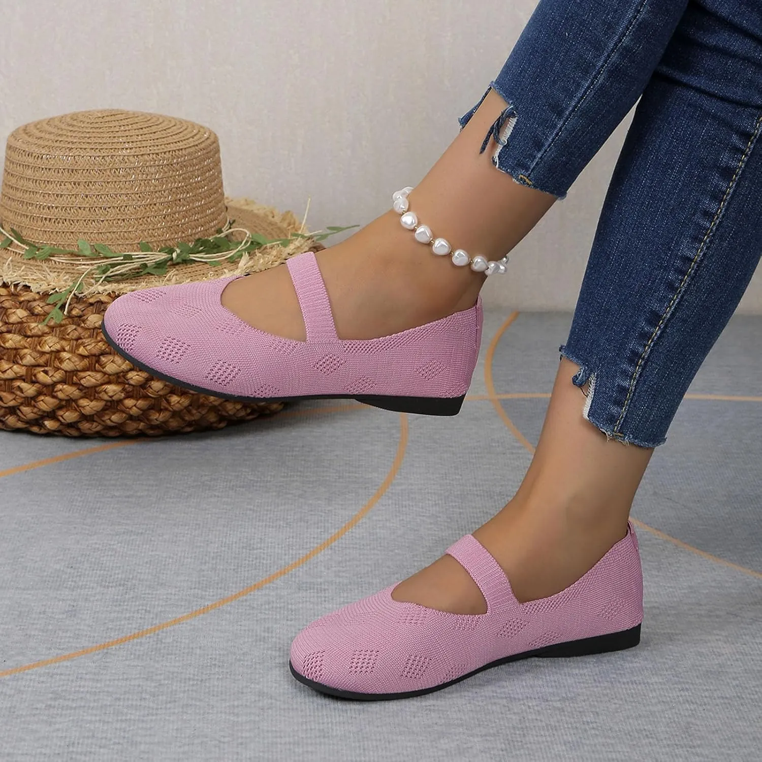Womens Breathable Knitting Flat Shoes, Round Head Solid Color Walking Flats Shoes for Women, Comfort Casual Single Shoe
