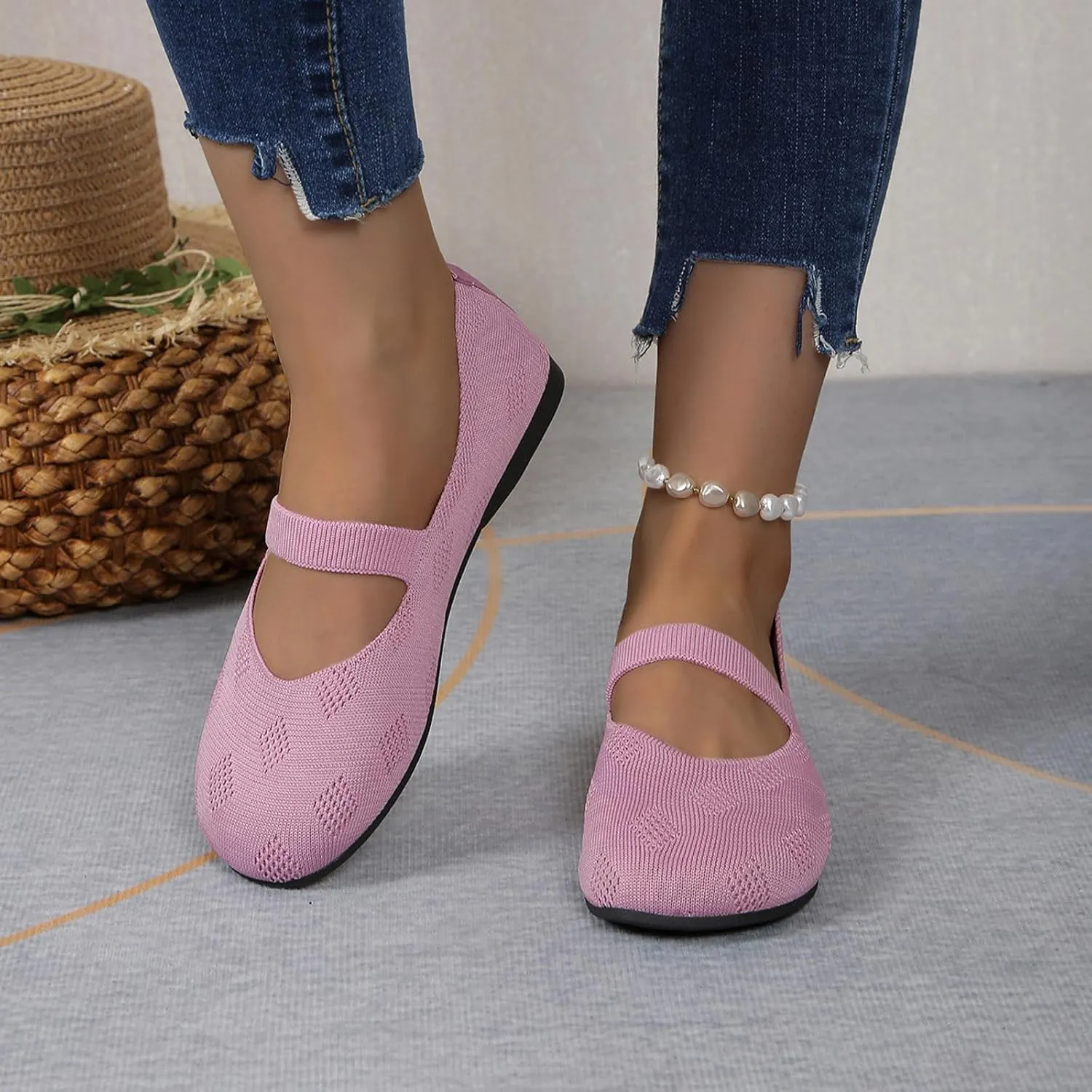 Womens Breathable Knitting Flat Shoes, Round Head Solid Color Walking Flats Shoes for Women, Comfort Casual Single Shoe
