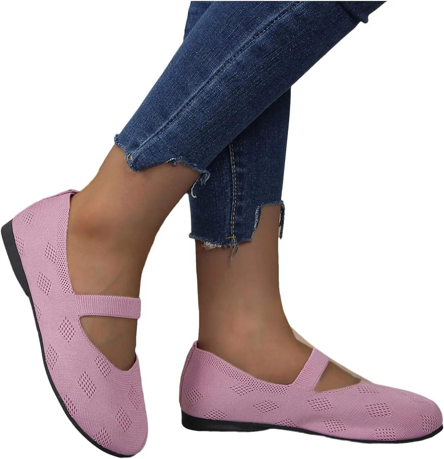 Womens Breathable Knitting Flat Shoes, Round Head Solid Color Walking Flats Shoes for Women, Comfort Casual Single Shoe
