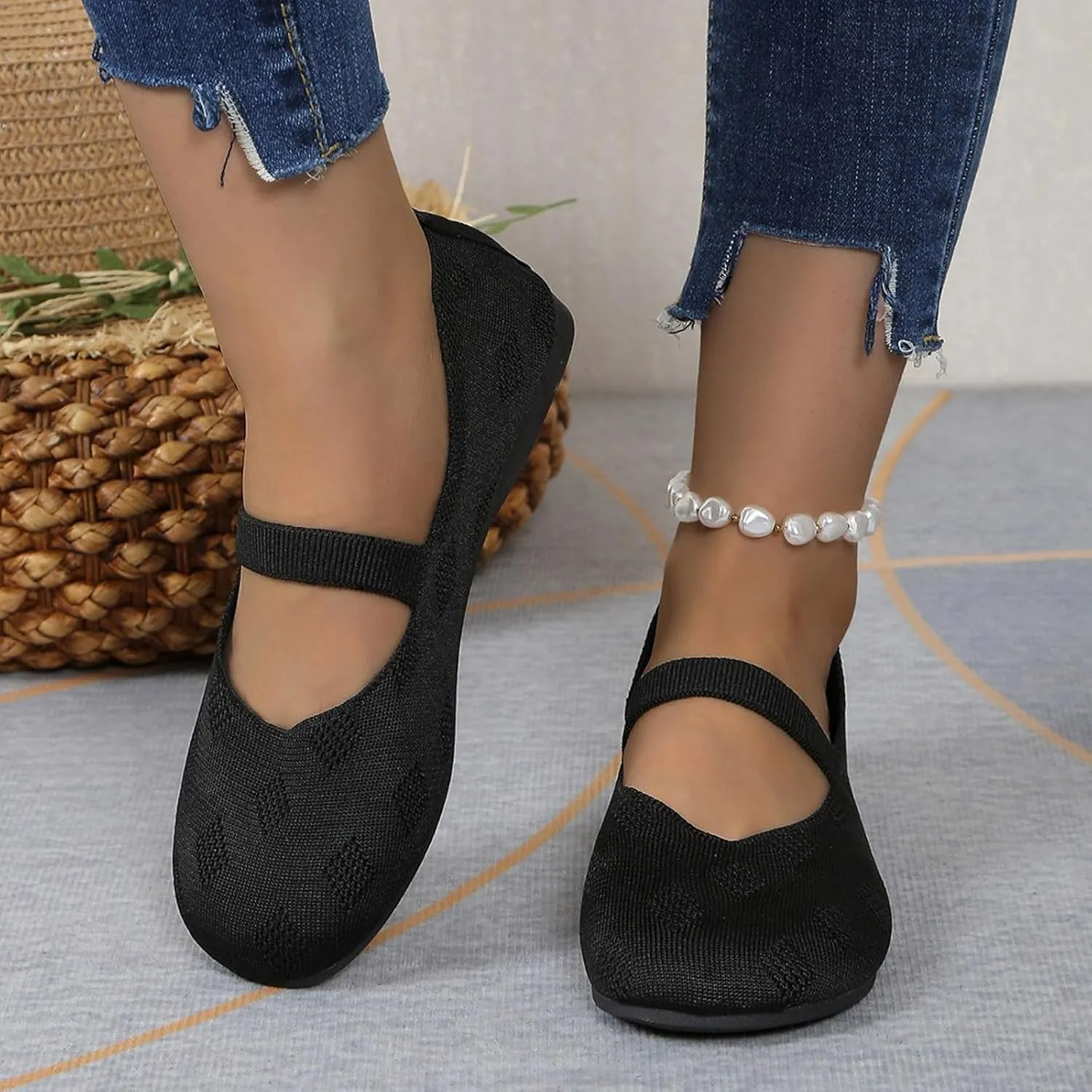 Womens Solid Color Breathable Knitting Round Head Flat Walking Flats Shoes for Women, Comfort Casual Single Shoes