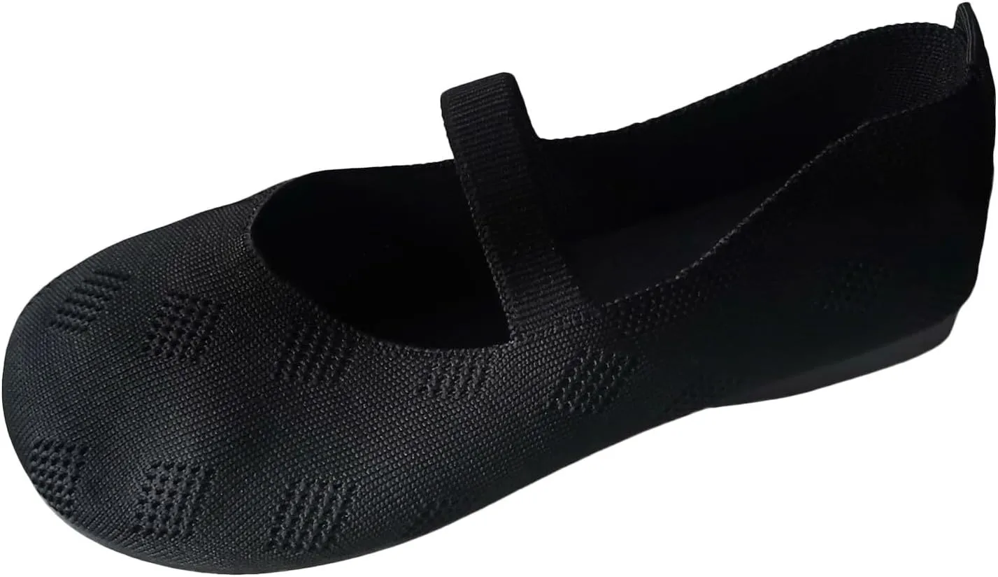 Womens Solid Color Breathable Knitting Round Head Flat Walking Flats Shoes for Women, Comfort Casual Single Shoes