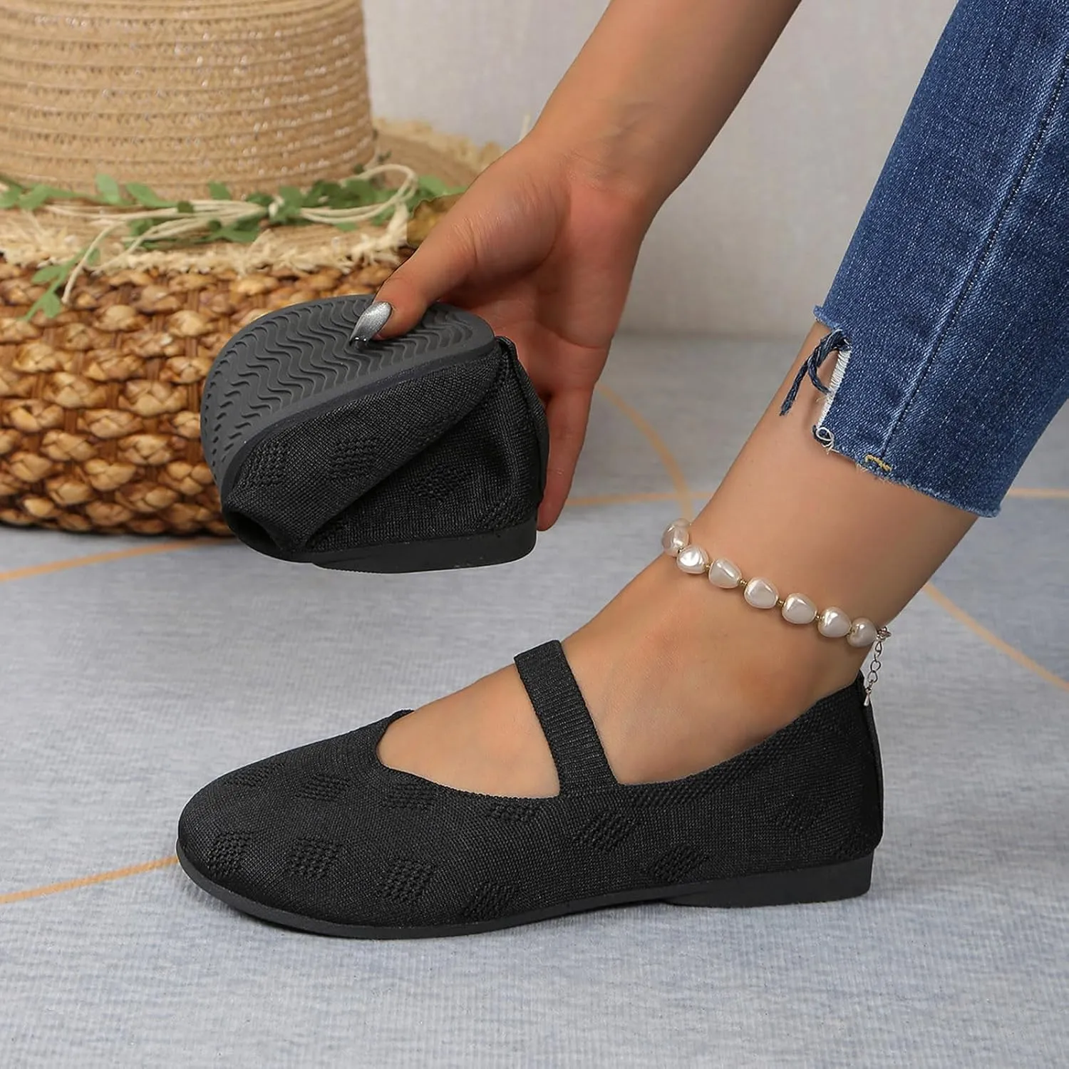 Womens Solid Color Breathable Knitting Round Head Flat Walking Flats Shoes for Women, Comfort Casual Single Shoes