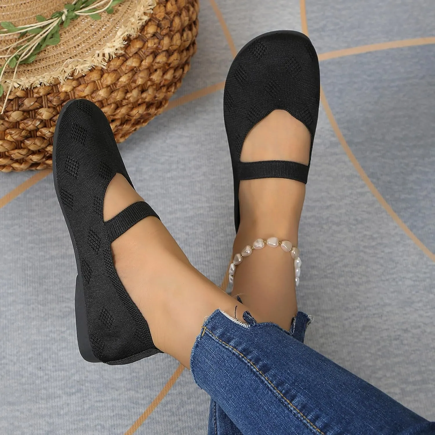 Womens Solid Color Breathable Knitting Round Head Flat Walking Flats Shoes for Women, Comfort Casual Single Shoes